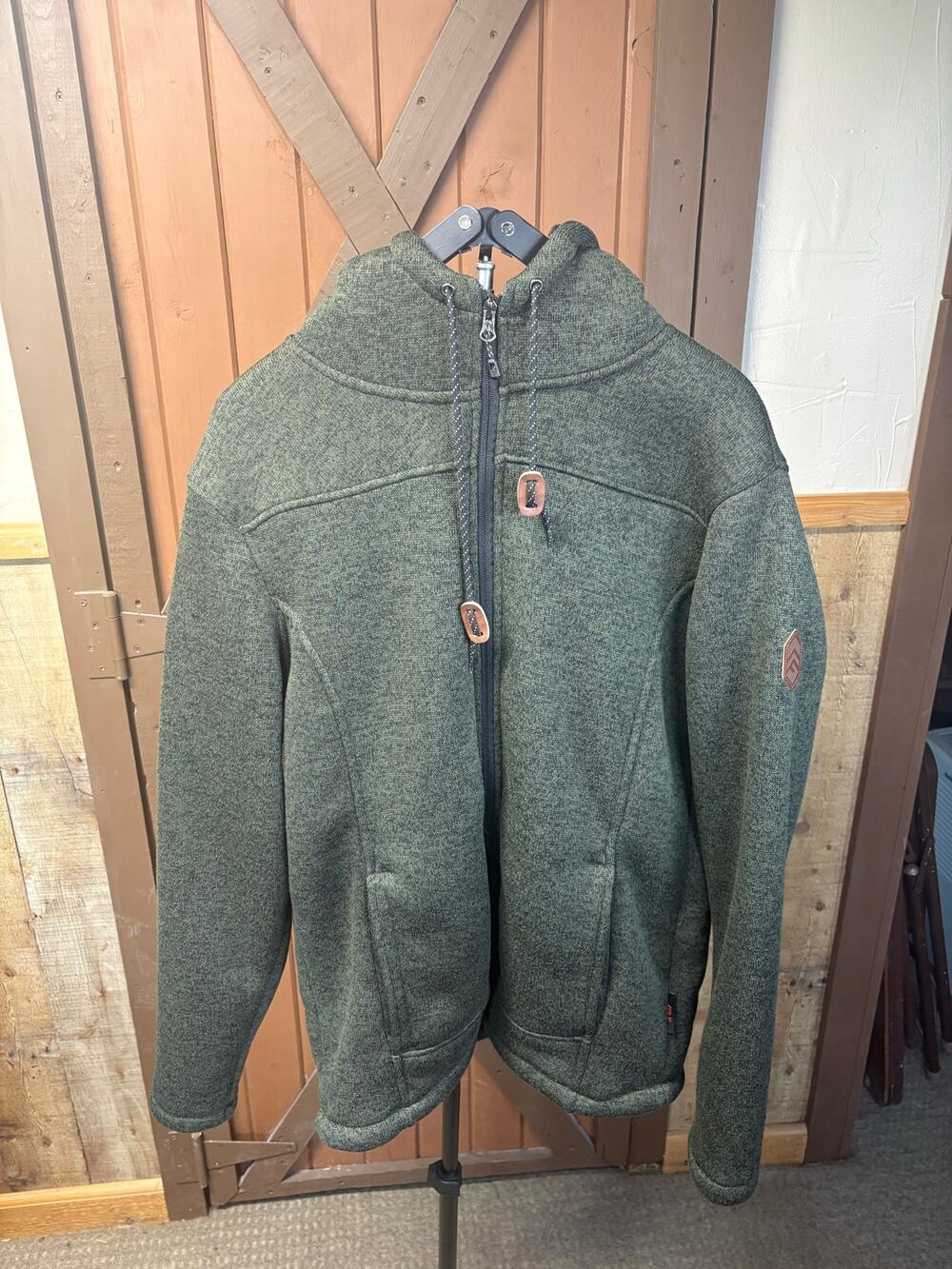 Free Country Men’s Hooded Sweater Fleece Jacket Olive Green M Sherpa Lined